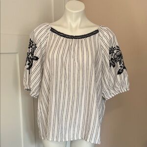 LOFT Black and White Striped Blouse with Embroidery